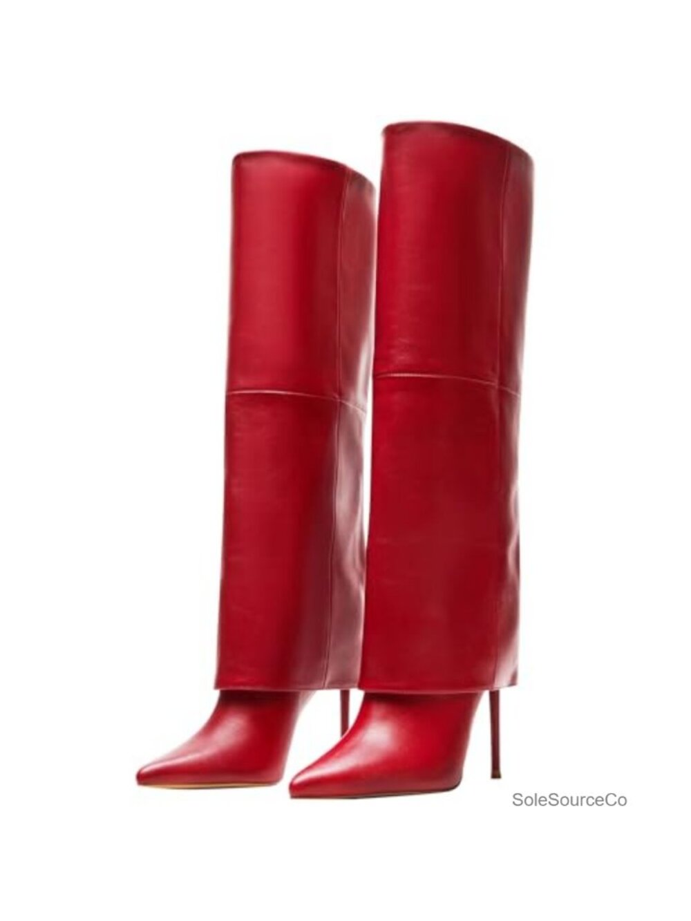 Faux Leather Knee High Stiletto Heel Fold Over Tall Dress Boots